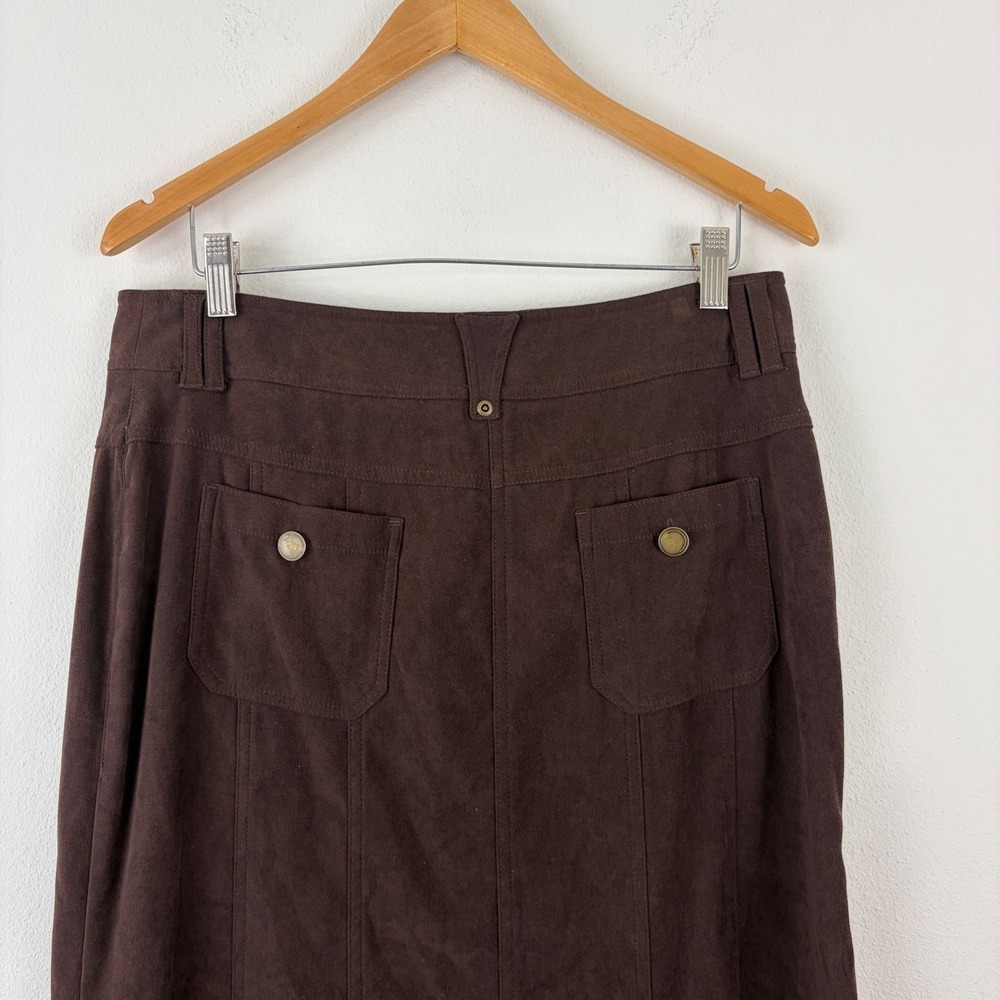 Vintage Boho Chocolate Brown Faux Suede Flare Midi CATO Skirt Womens Size 10 - Picture 4 of 10